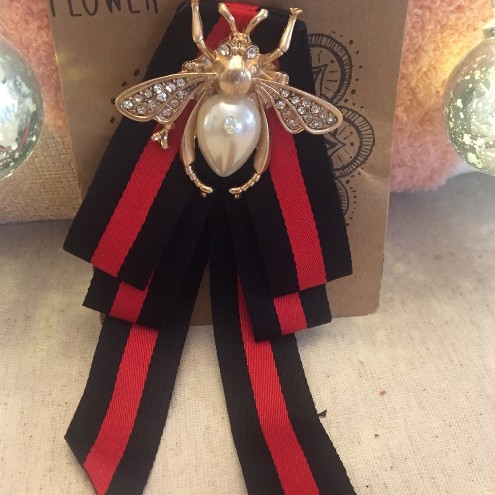 Blue & Red Stripe Bow Brooch